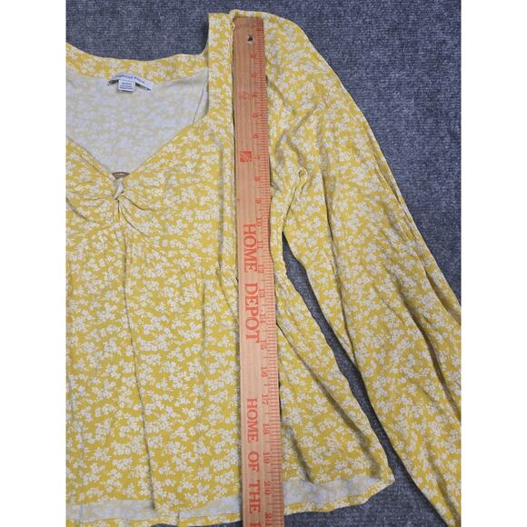 American Eagle Shirt Womens Medium Yellow Floral Long Sleeve Blouse Ruched Top - Picture 7 of 10